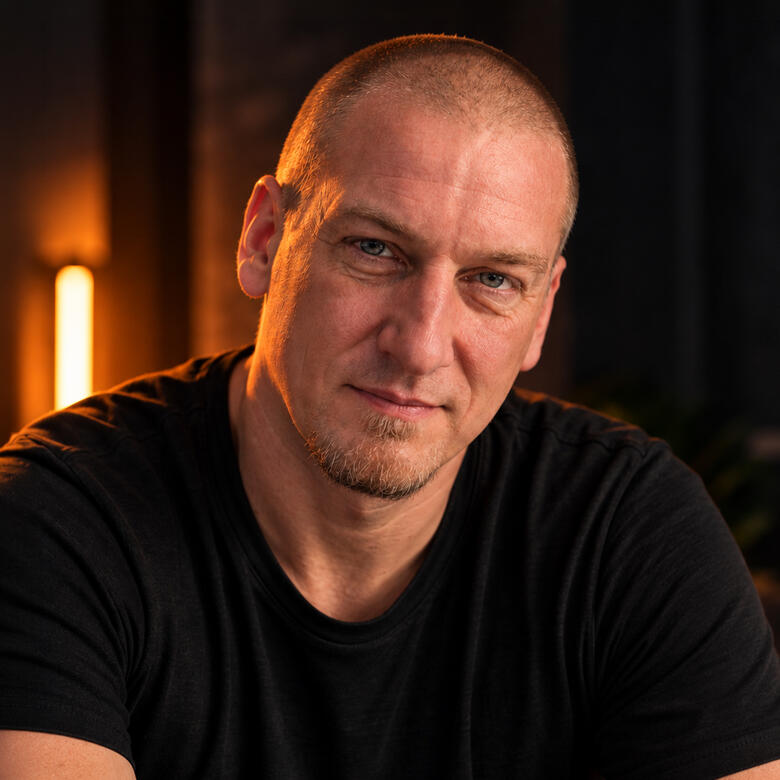 Portrait of Joe Buchmann, the artist behind Ashalo, in a dark studio with warm orange lighting.